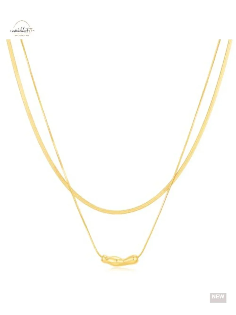 14K Gold Plated Dainty Snake Chain Layered Necklace with Irregular Bar Pendant
